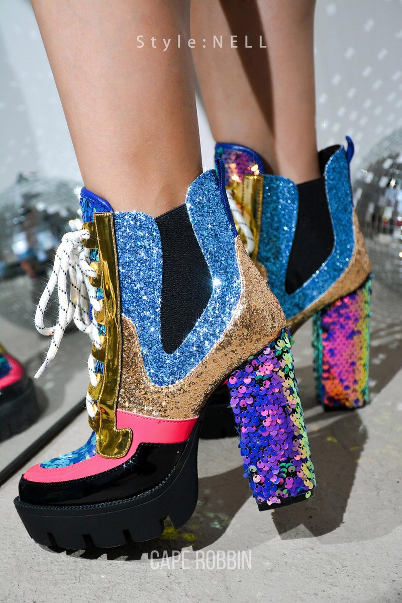 Cape Robbin Nell Gold Glitter Platform Chelsea Ankle Boots with Chunky Block Heels for Women Featuring a Sequined Tongue and Heel - Mermaid Size 8.5 - Image 2